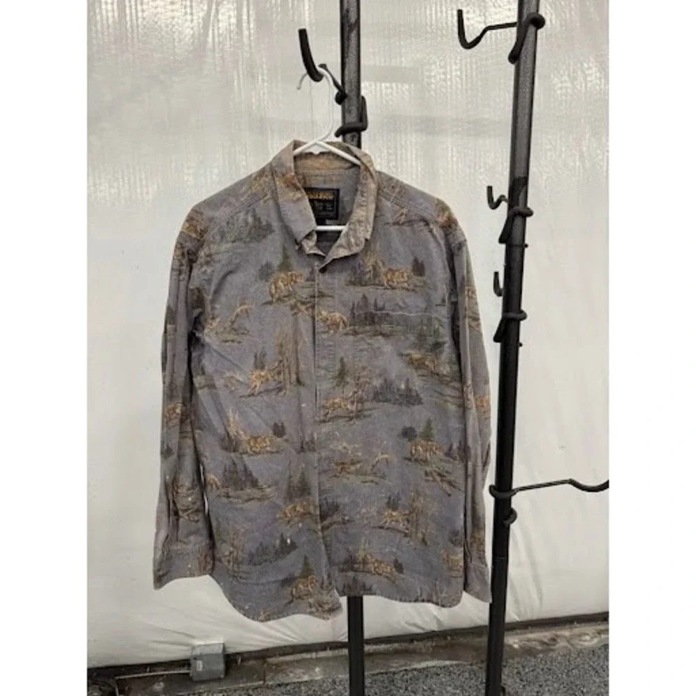 Vintage Woolrich Wolf Nature Print Flannel Shirt Grey Mens Large Made in USA